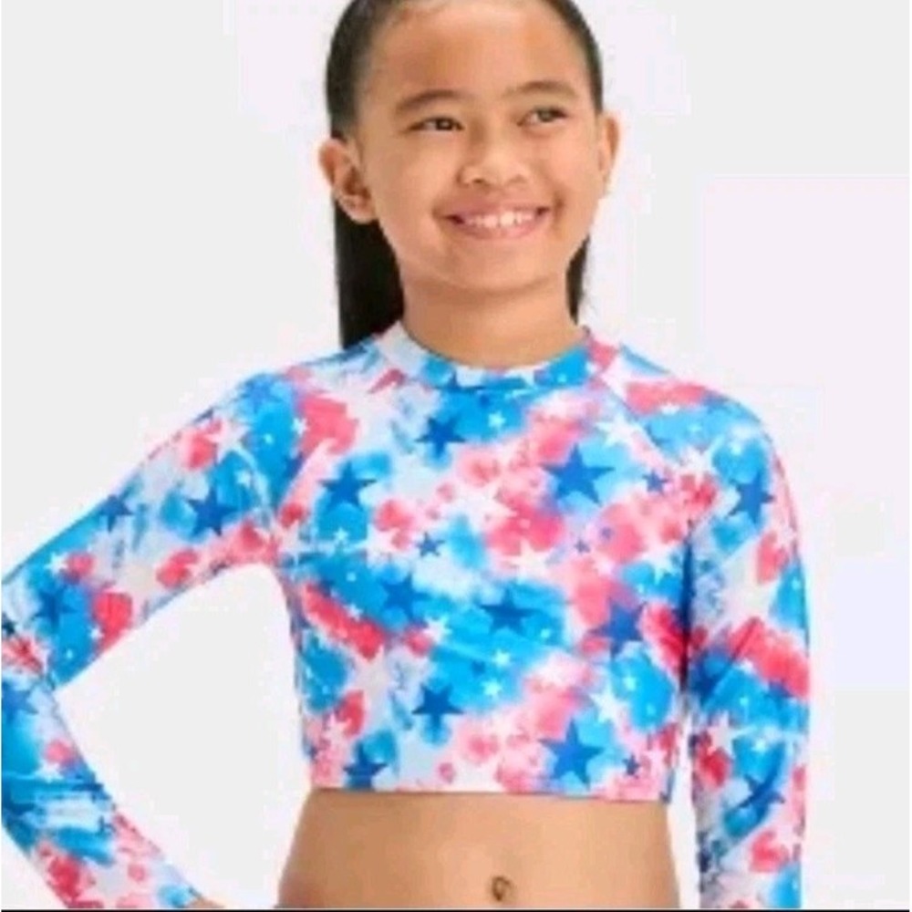 Girls Long Sleeve Rashguard, Swim Top, Americana Tie-Dye Stars Red Blue Sz 6 / 7